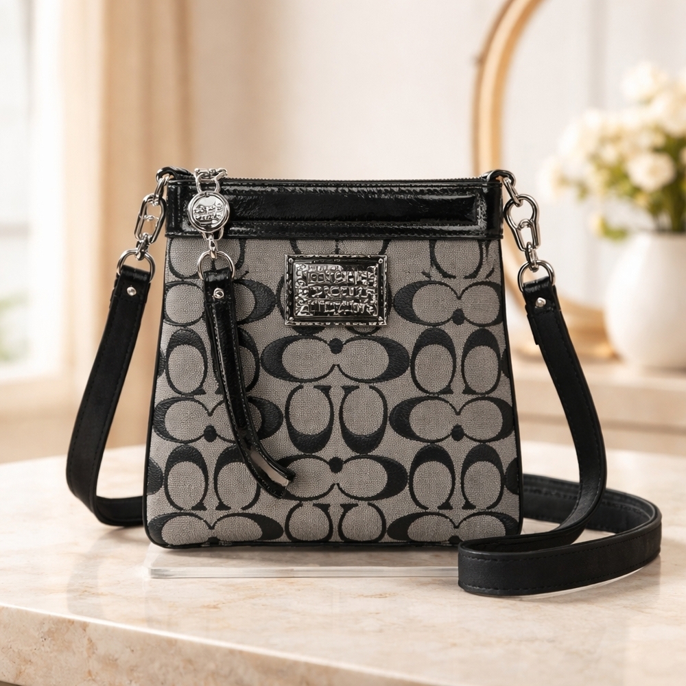 Coach Poppy Black and Gray Shinny Signature Crossbody Shoulder Bag